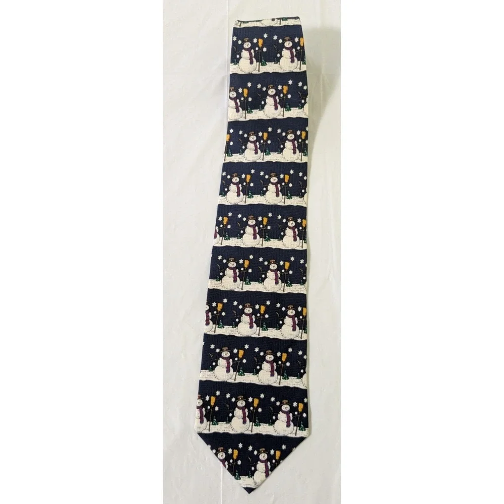 Robert Stock Hand Made Blue Silk Tie Geometric Striped Christmas Snowmen 56x4